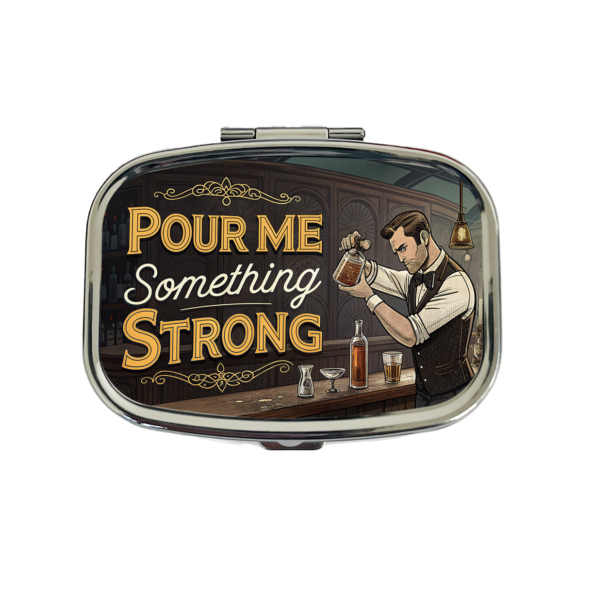 Pour Me Something Strong Retro Bar Alcohol Funny Travel Pill Box Case