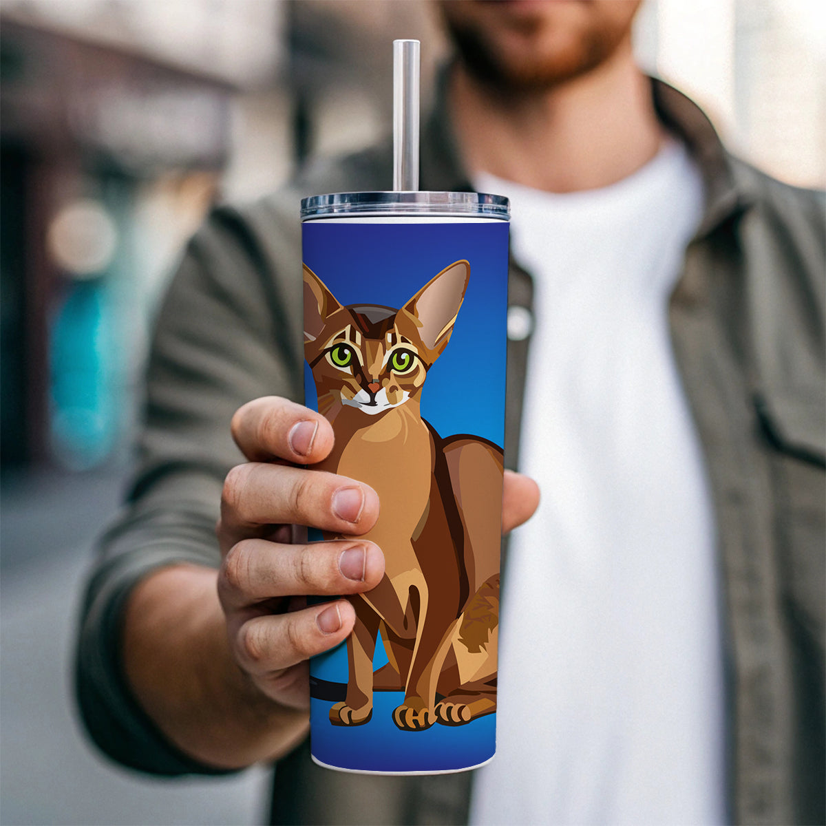 Abyssinian Cat Sitting Skinny Tumbler 20oz with Straw Insulated Water Bottle Gift