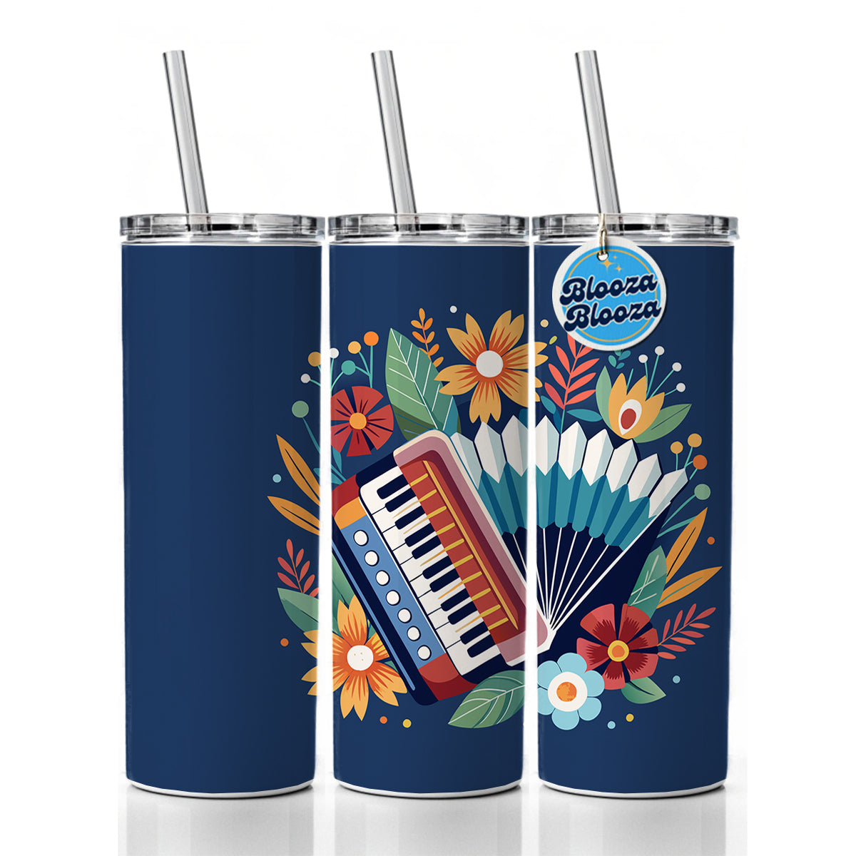 Accordion Music Floral Motif Skinny Tumbler 20oz with Straw Insulated Water Bottle Gift