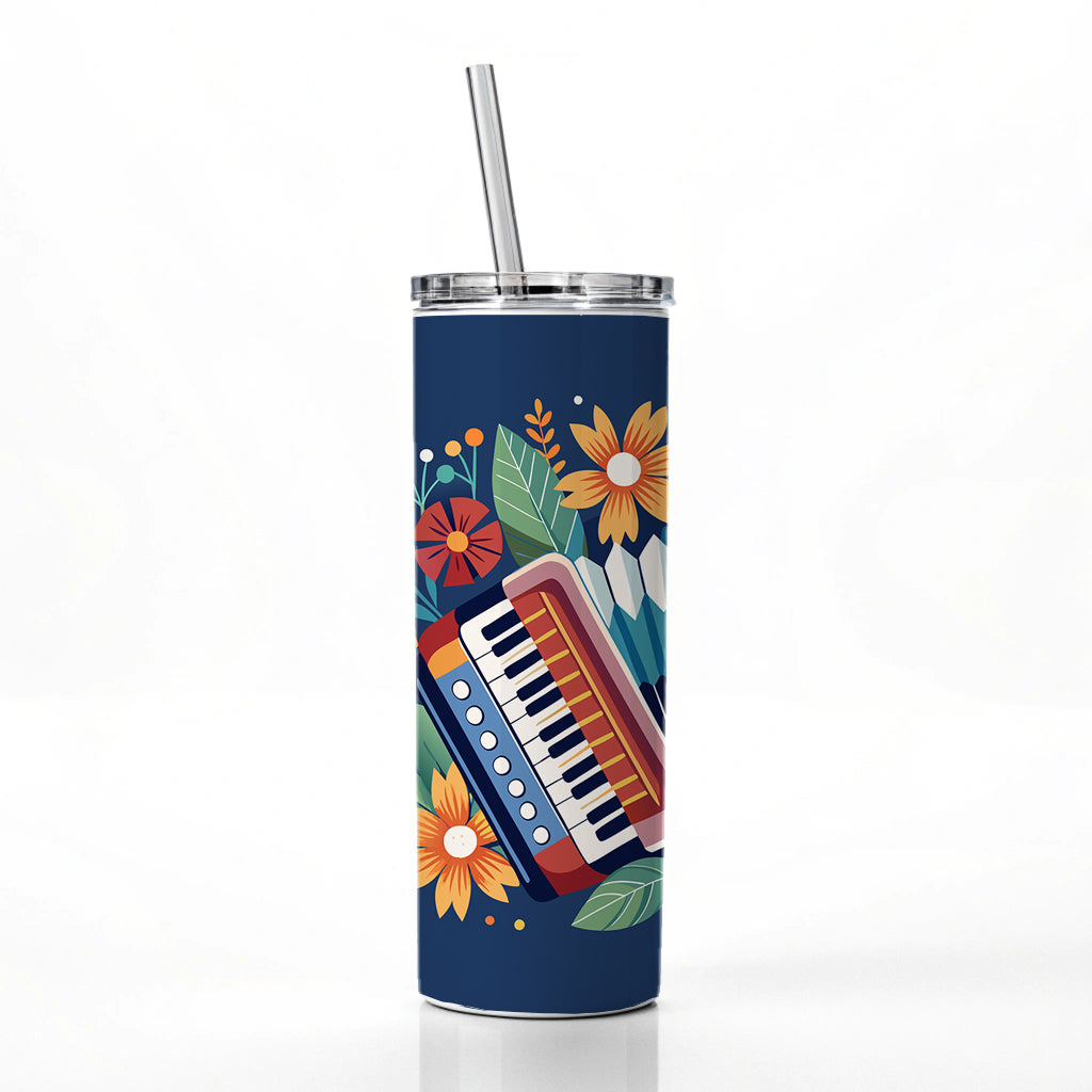 Accordion Music Floral Motif Skinny Tumbler 20oz with Straw Insulated Water Bottle Gift