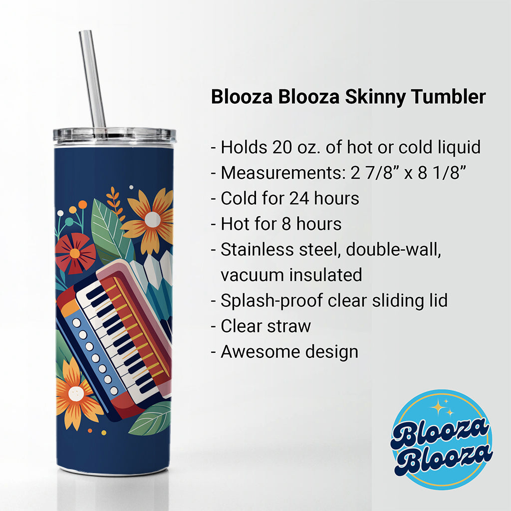 Accordion Music Floral Motif Skinny Tumbler 20oz with Straw Insulated Water Bottle Gift