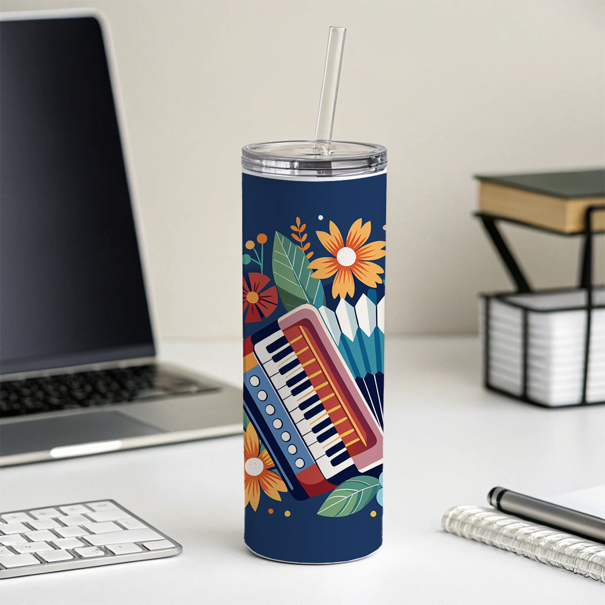 Accordion Music Floral Motif Skinny Tumbler 20oz with Straw Insulated Water Bottle Gift