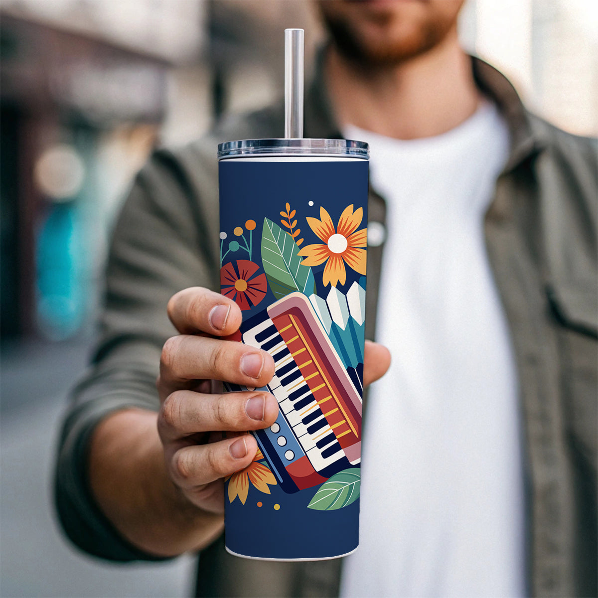 Accordion Music Floral Motif Skinny Tumbler 20oz with Straw Insulated Water Bottle Gift