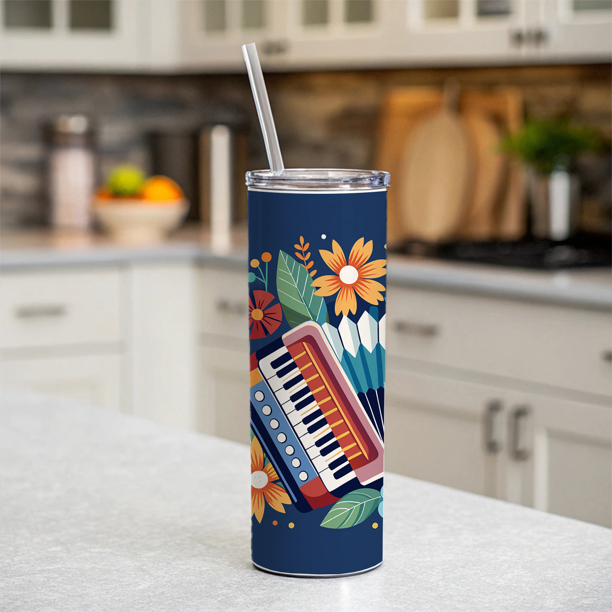 Accordion Music Floral Motif Skinny Tumbler 20oz with Straw Insulated Water Bottle Gift