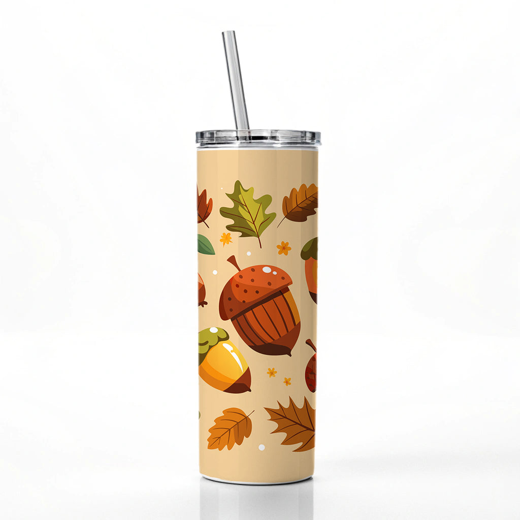 Acorns Scattered Fall Autumn Skinny Tumbler 20oz with Straw Insulated Water Bottle Gift