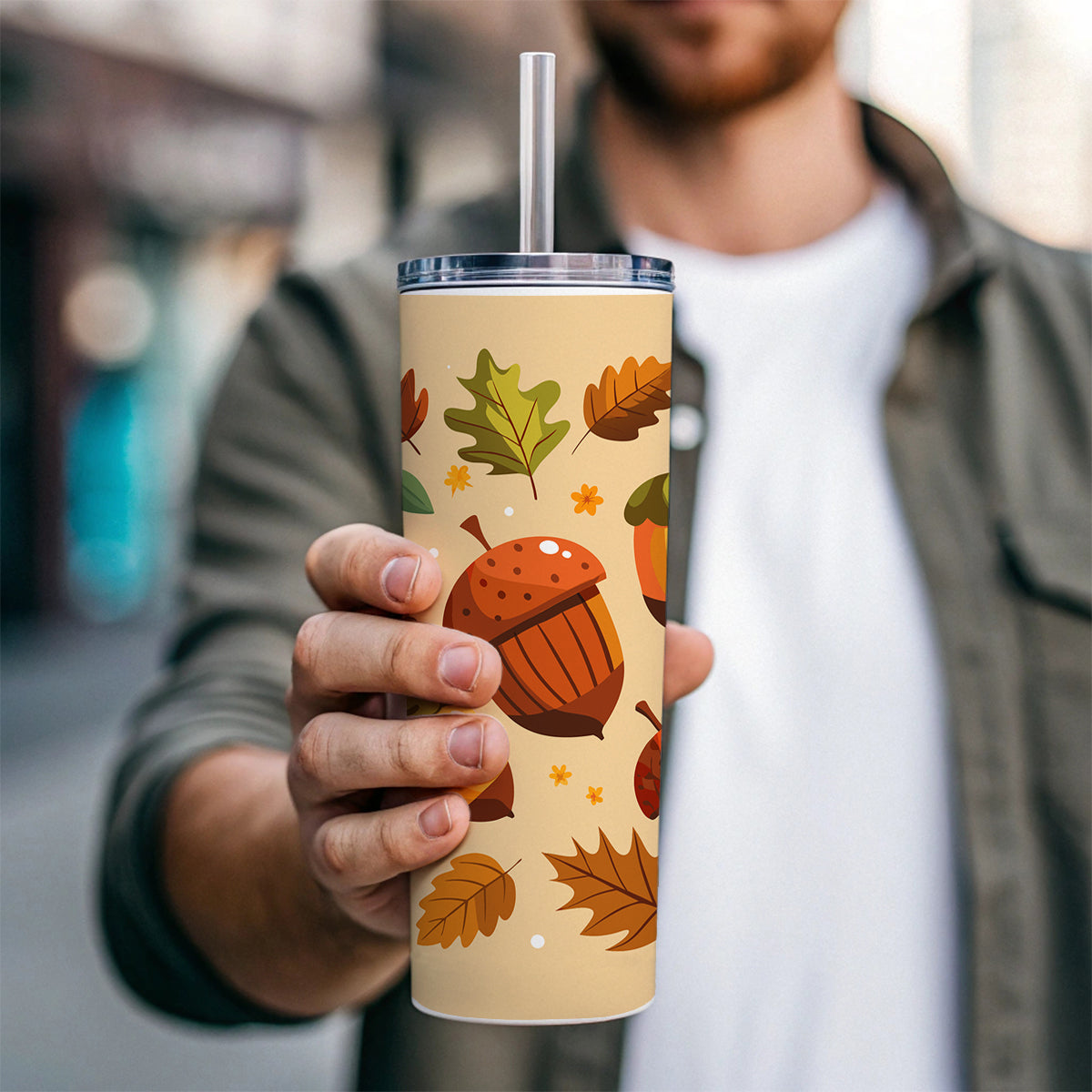 Acorns Scattered Fall Autumn Skinny Tumbler 20oz with Straw Insulated Water Bottle Gift