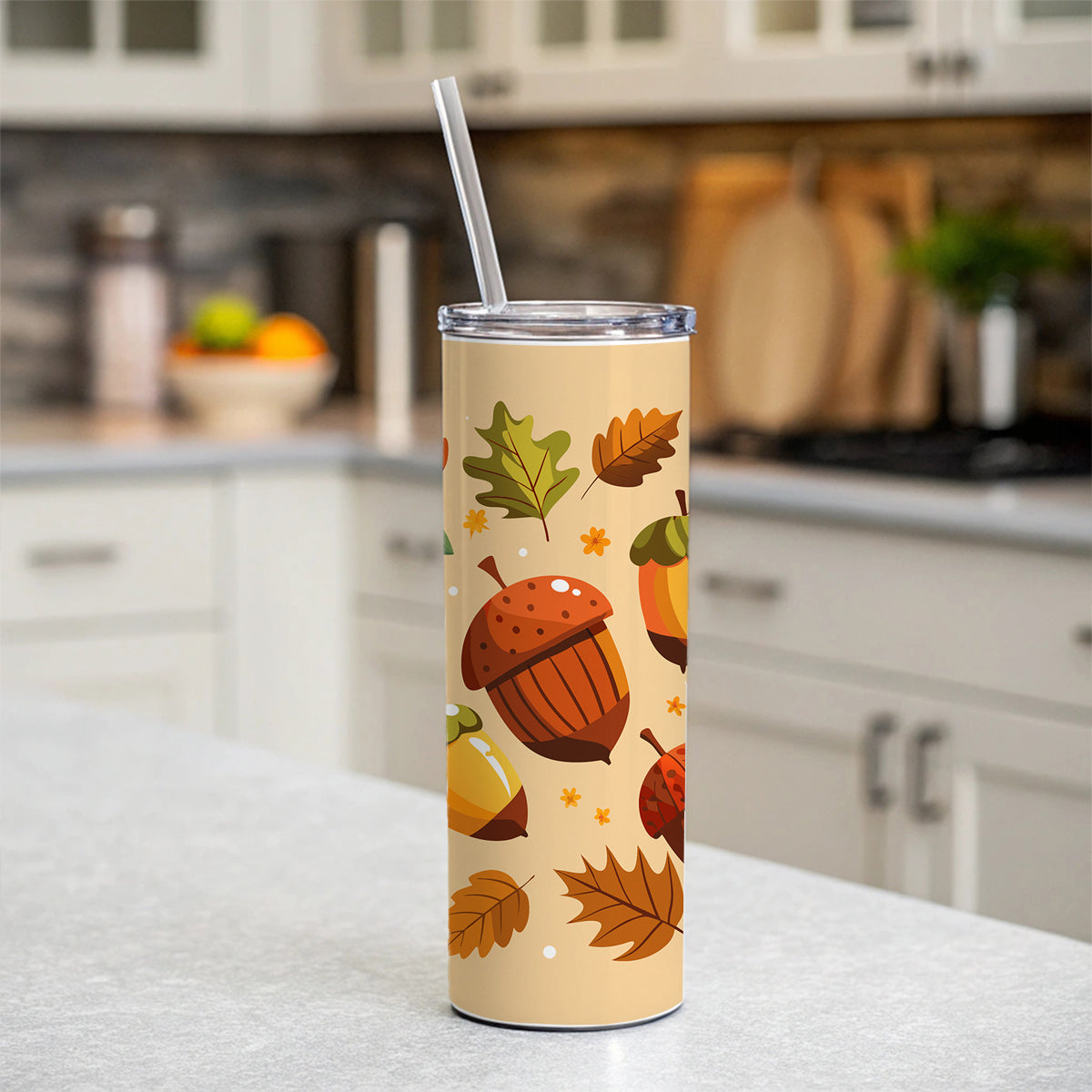 Acorns Scattered Fall Autumn Skinny Tumbler 20oz with Straw Insulated Water Bottle Gift