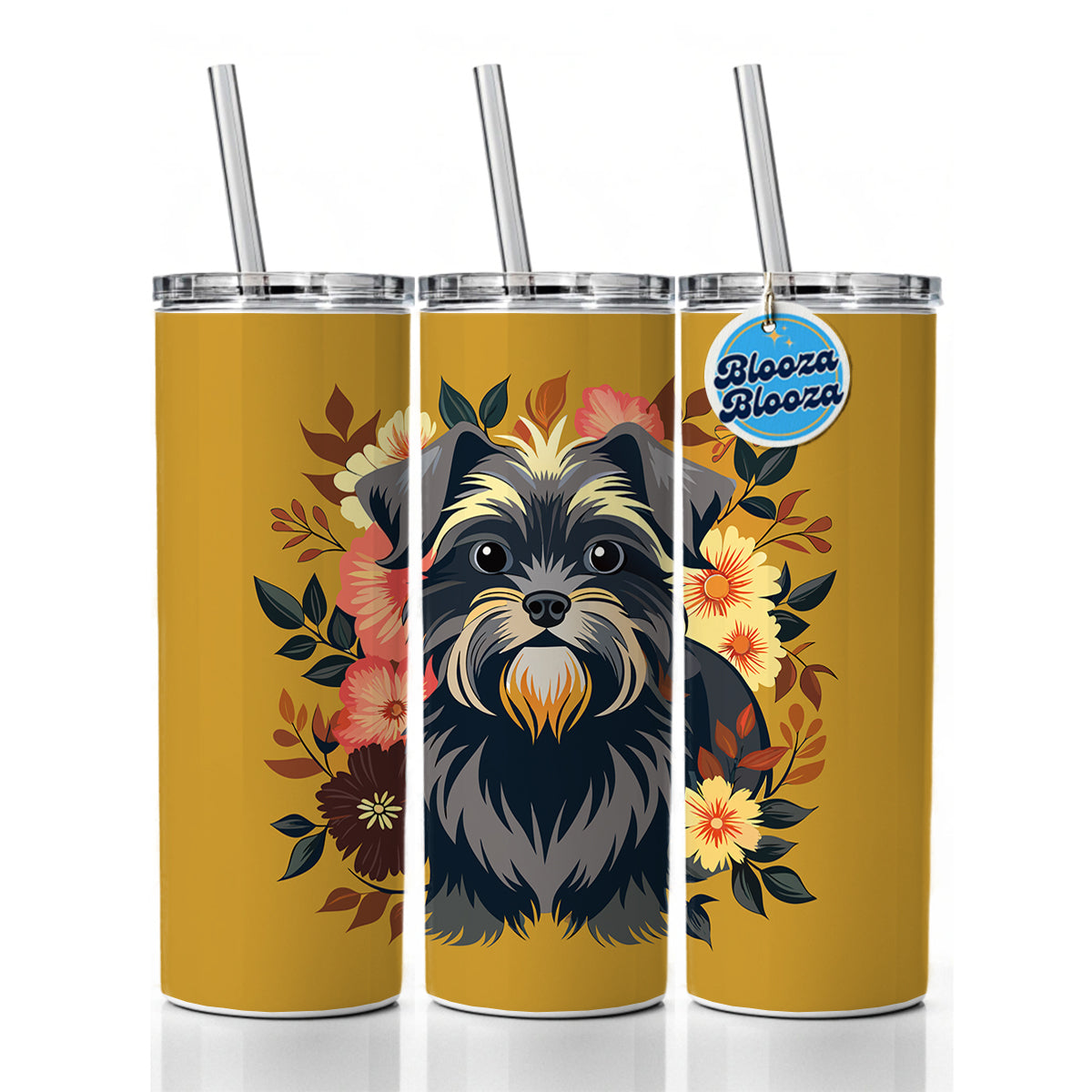 Affenpinscher Dog Floral Flowers Skinny Tumbler 20oz with Straw Insulated Water Bottle Gift