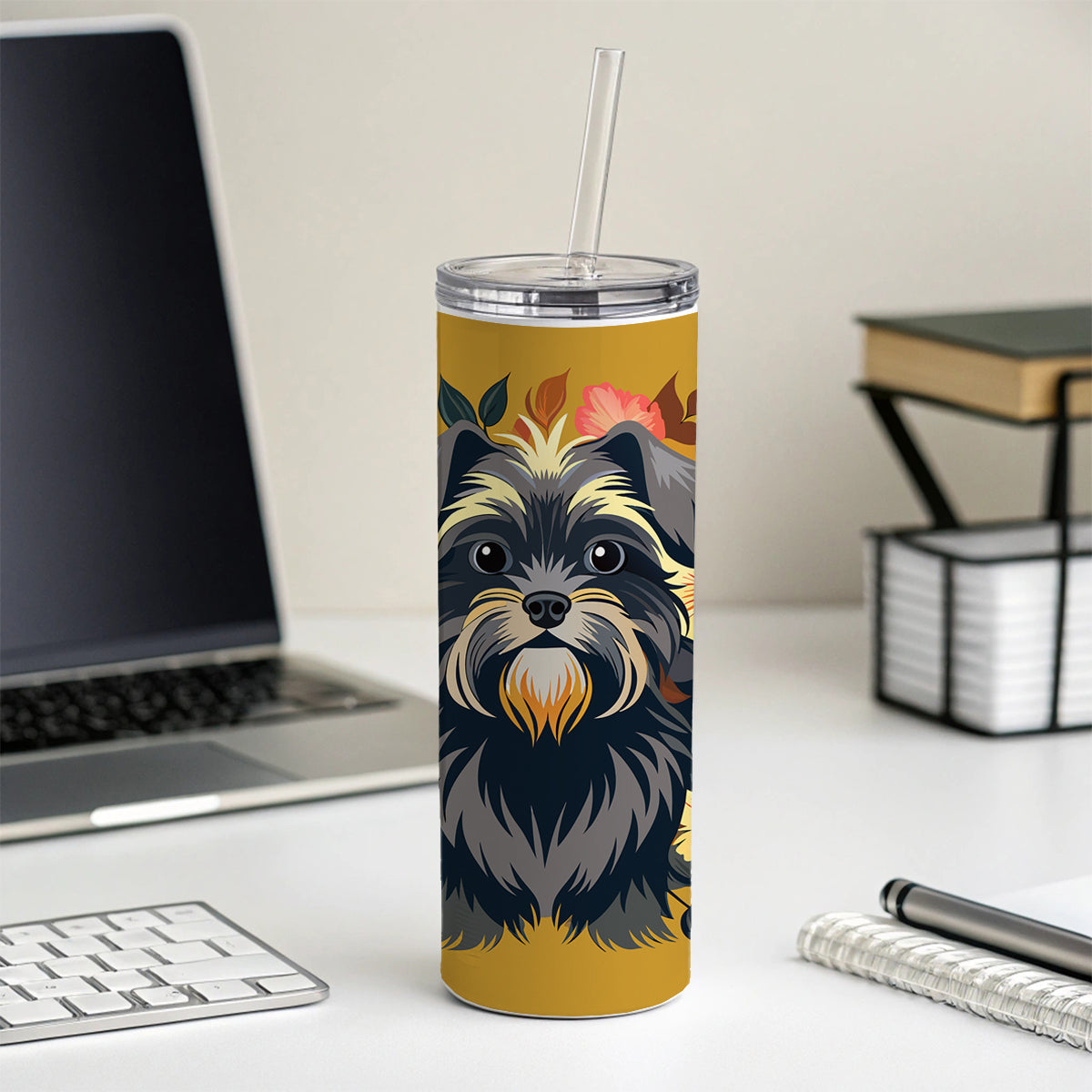 Affenpinscher Dog Floral Flowers Skinny Tumbler 20oz with Straw Insulated Water Bottle Gift