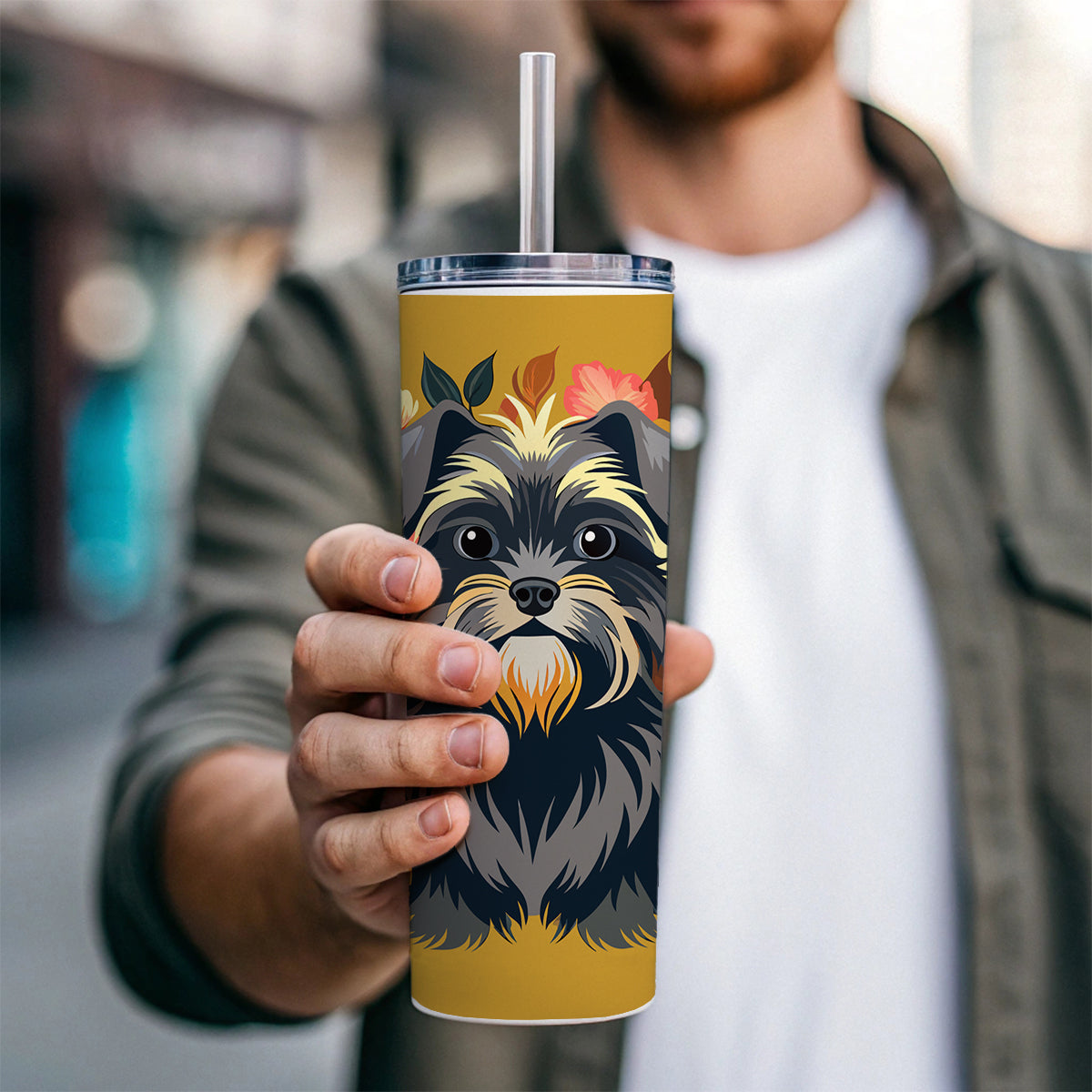 Affenpinscher Dog Floral Flowers Skinny Tumbler 20oz with Straw Insulated Water Bottle Gift