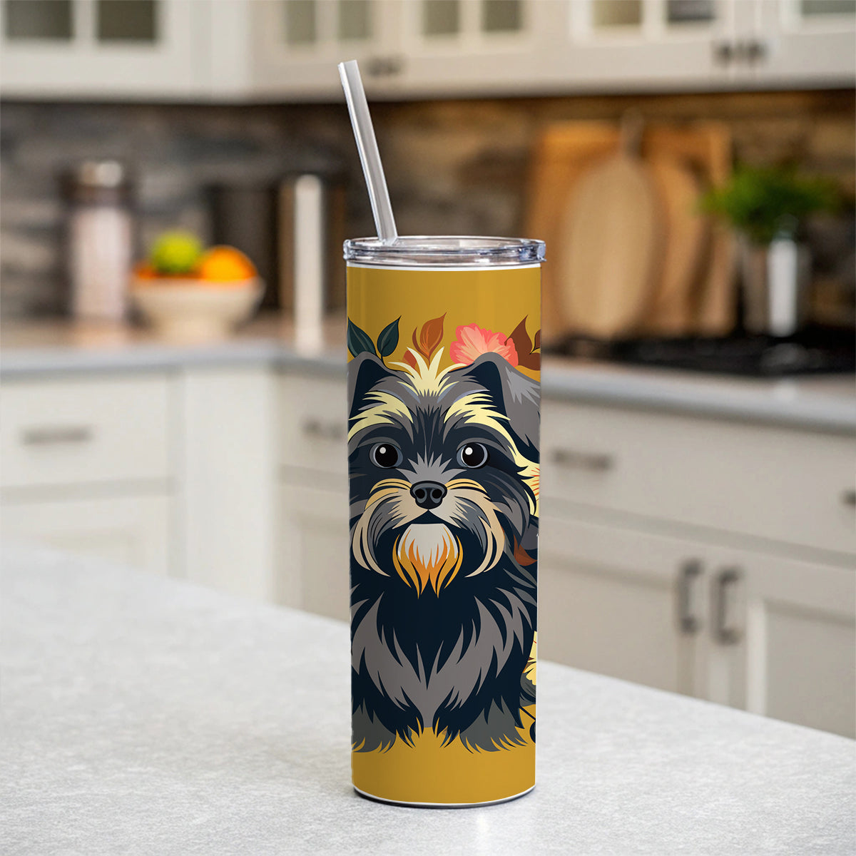 Affenpinscher Dog Floral Flowers Skinny Tumbler 20oz with Straw Insulated Water Bottle Gift