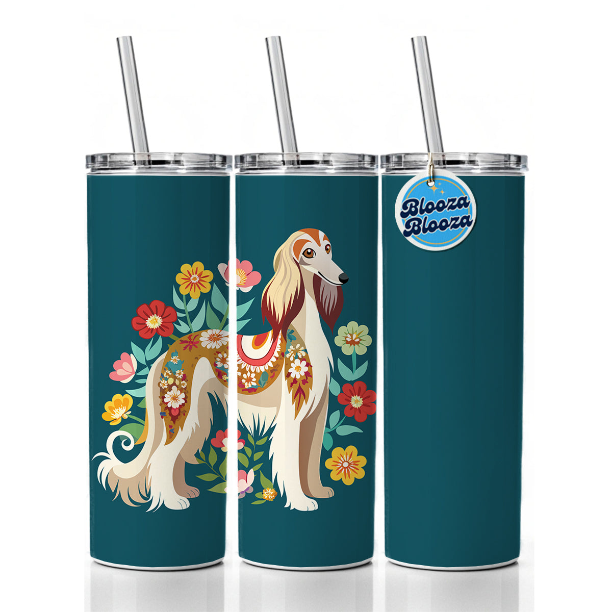 Afghan Hound Dog Floral Flowers Skinny Tumbler 20oz with Straw Insulated Water Bottle Gift