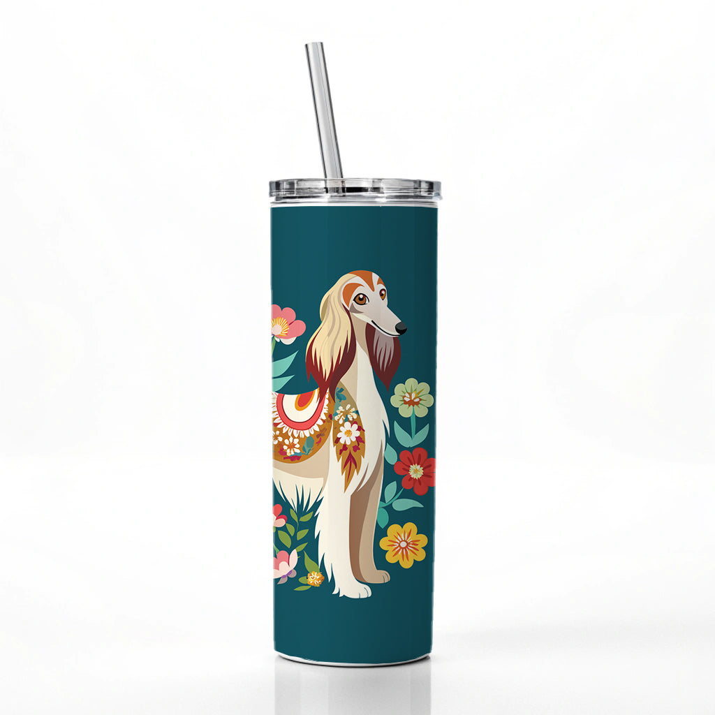 Afghan Hound Dog Floral Flowers Skinny Tumbler 20oz with Straw Insulated Water Bottle Gift