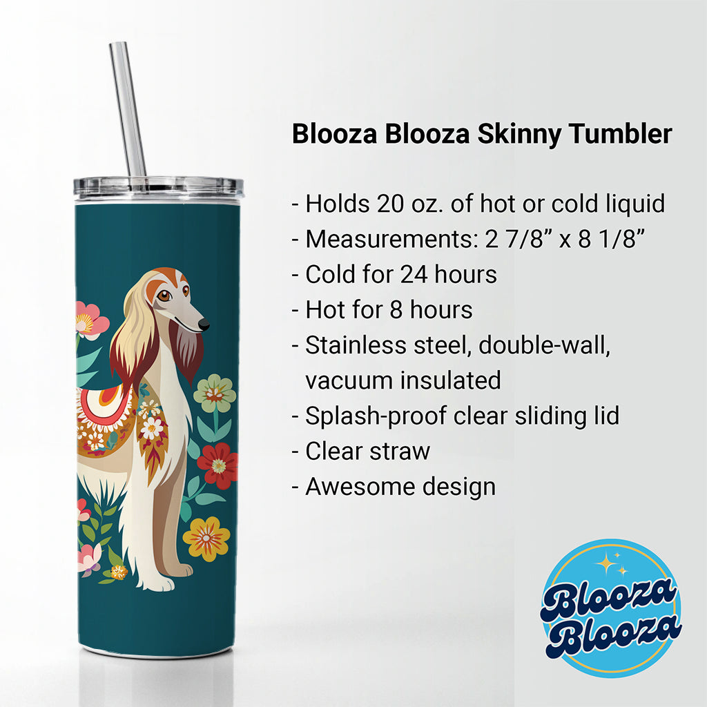 Afghan Hound Dog Floral Flowers Skinny Tumbler 20oz with Straw Insulated Water Bottle Gift