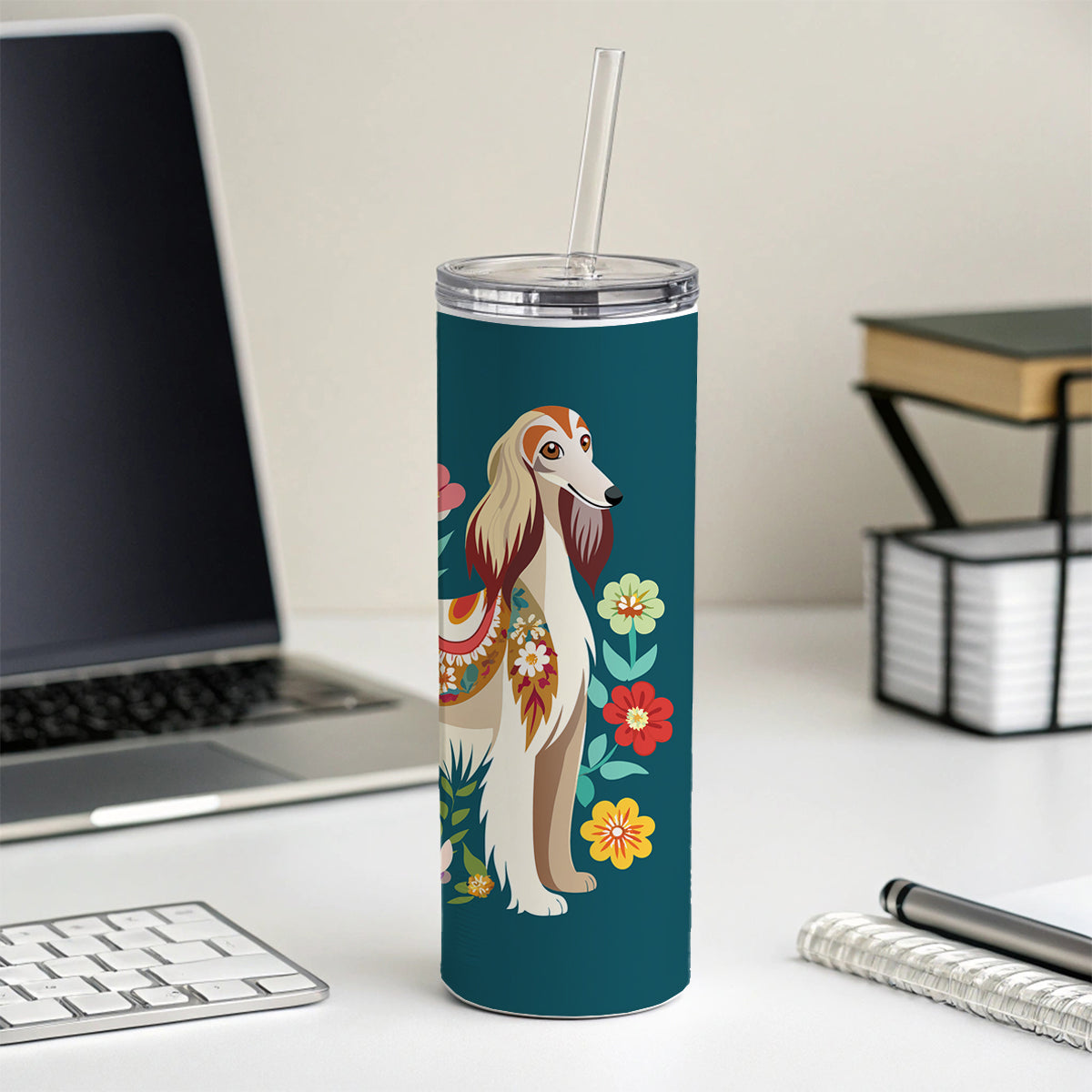 Afghan Hound Dog Floral Flowers Skinny Tumbler 20oz with Straw Insulated Water Bottle Gift