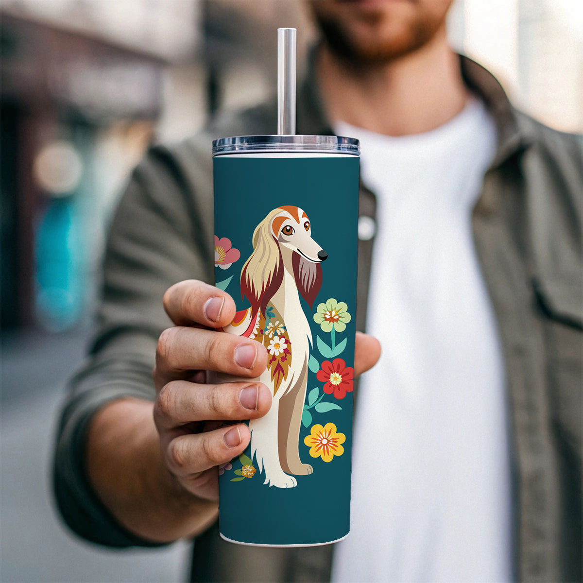 Afghan Hound Dog Floral Flowers Skinny Tumbler 20oz with Straw Insulated Water Bottle Gift