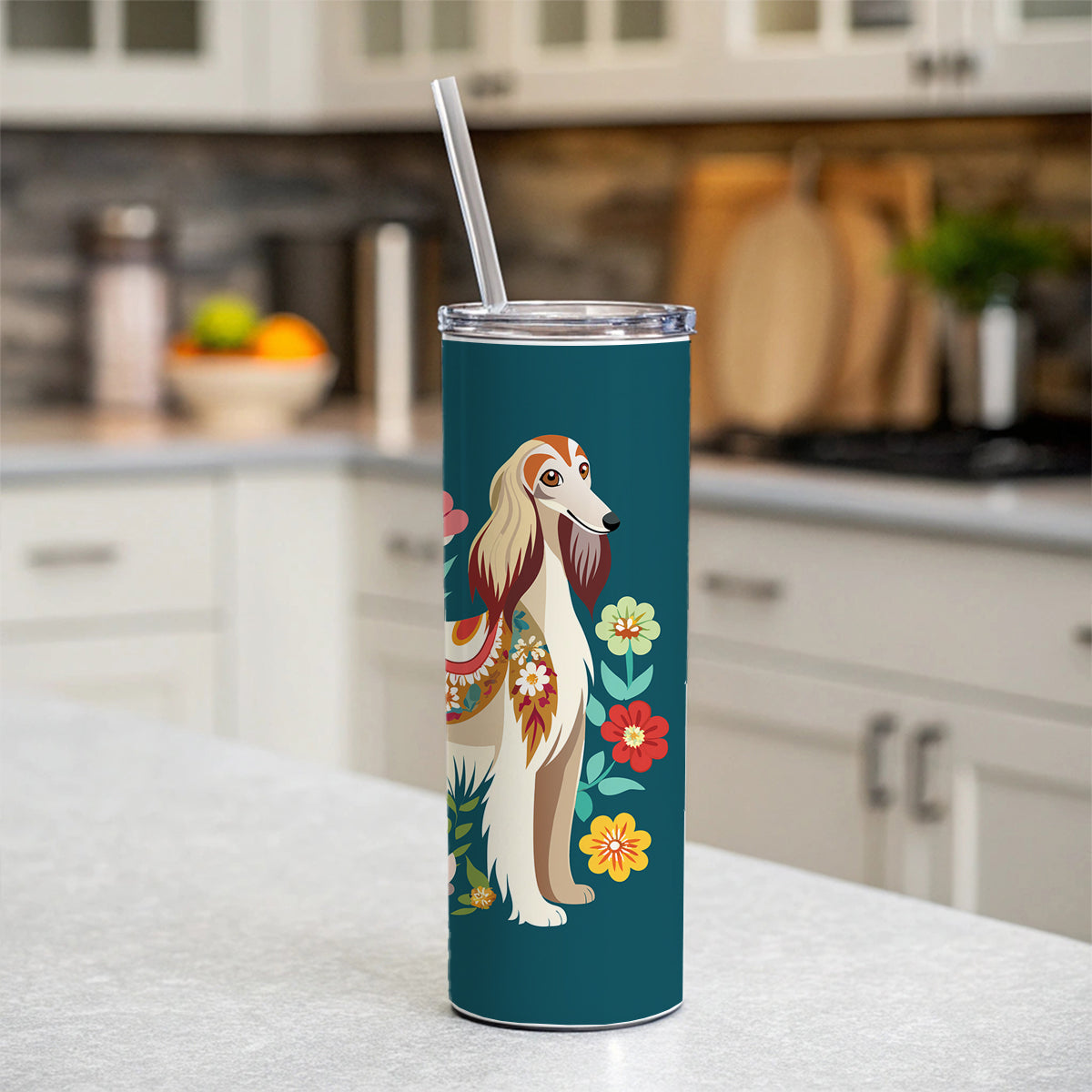 Afghan Hound Dog Floral Flowers Skinny Tumbler 20oz with Straw Insulated Water Bottle Gift