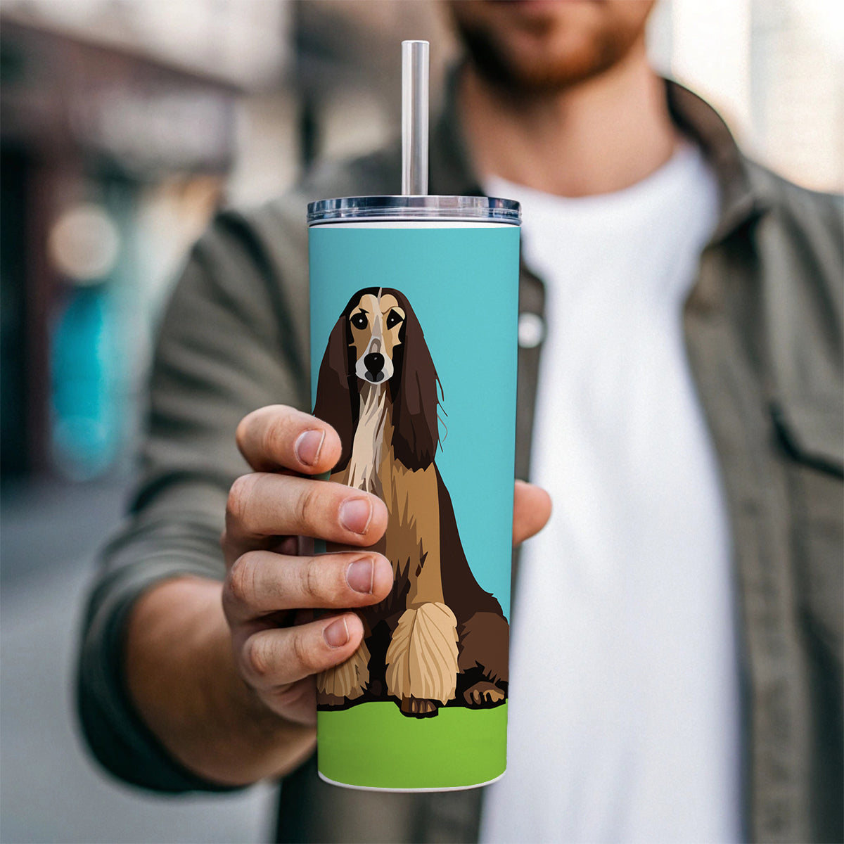 Afghan Hound Dog Sitting Skinny Tumbler 20oz with Straw Insulated Water Bottle Gift
