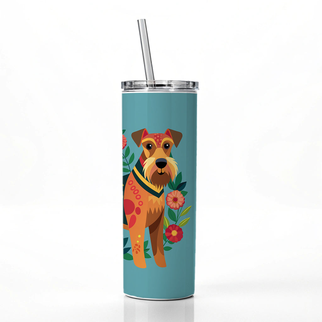 Airedale Terrier Dog Floral Flowers Skinny Tumbler 20oz with Straw Insulated Water Bottle Gift