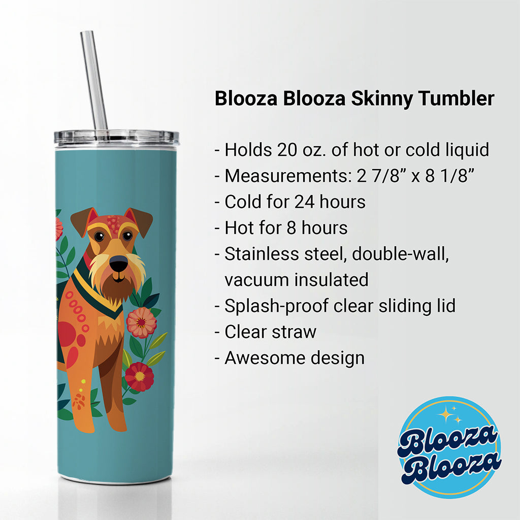 Airedale Terrier Dog Floral Flowers Skinny Tumbler 20oz with Straw Insulated Water Bottle Gift