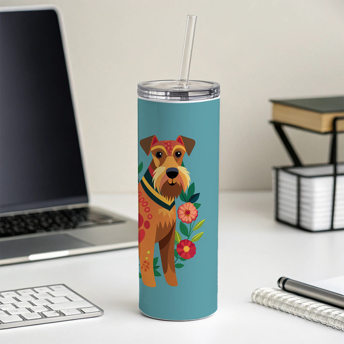 Airedale Terrier Dog Floral Flowers Skinny Tumbler 20oz with Straw Insulated Water Bottle Gift