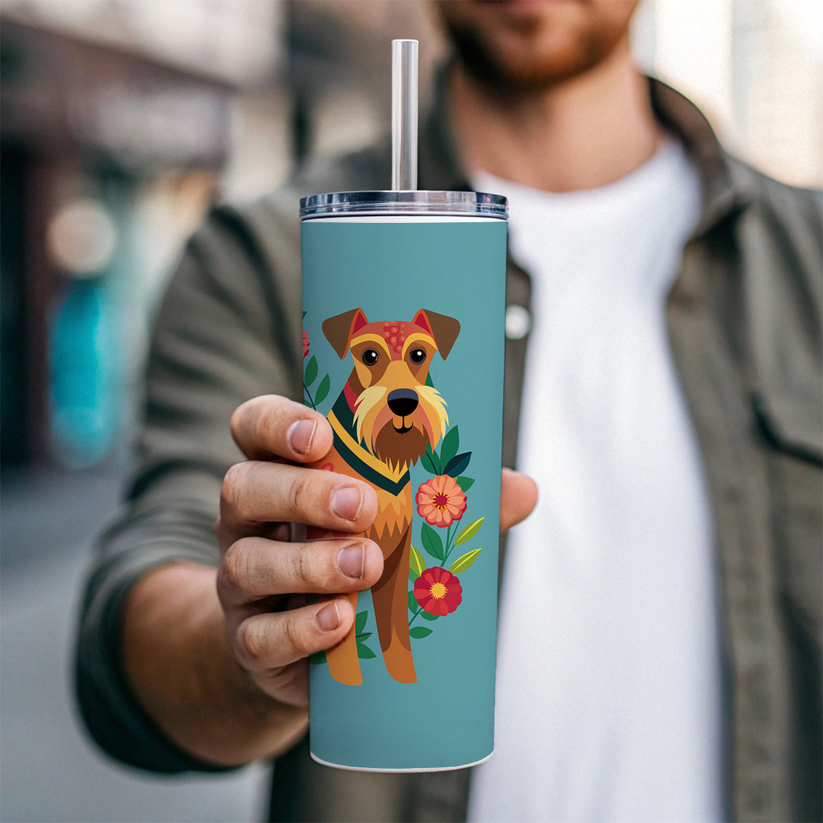 Airedale Terrier Dog Floral Flowers Skinny Tumbler 20oz with Straw Insulated Water Bottle Gift