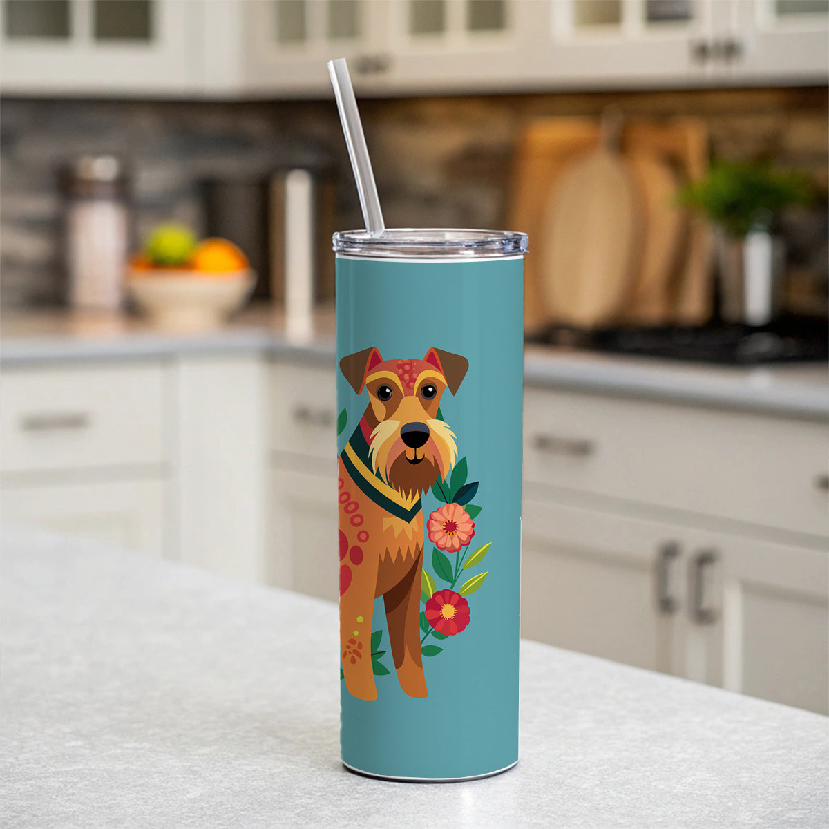 Airedale Terrier Dog Floral Flowers Skinny Tumbler 20oz with Straw Insulated Water Bottle Gift