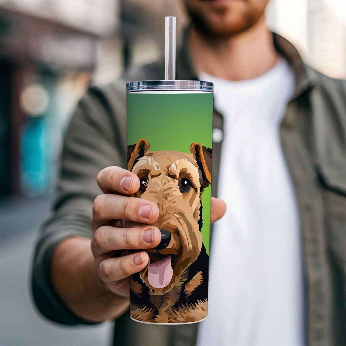 Airedale Terrier Dog Portrait Skinny Tumbler 20oz with Straw Insulated Water Bottle Gift