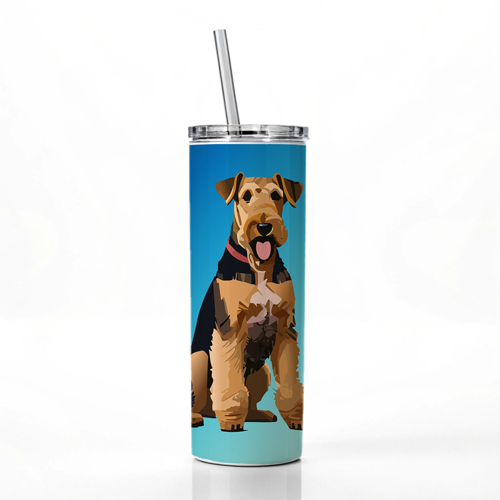 Airedale Terrier Dog Sitting Skinny Tumbler 20oz with Straw Insulated Water Bottle Gift