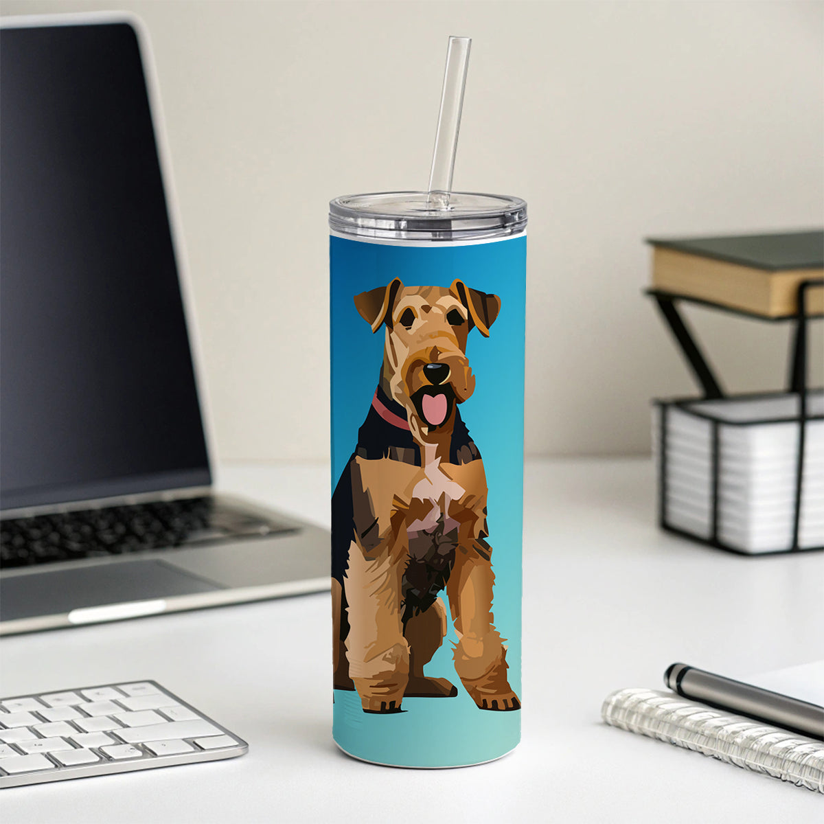 Airedale Terrier Dog Sitting Skinny Tumbler 20oz with Straw Insulated Water Bottle Gift
