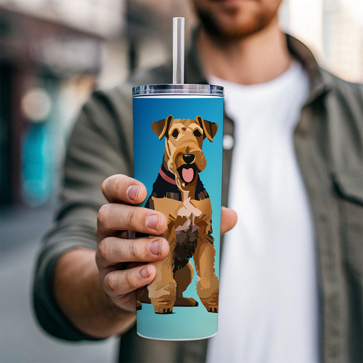 Airedale Terrier Dog Sitting Skinny Tumbler 20oz with Straw Insulated Water Bottle Gift