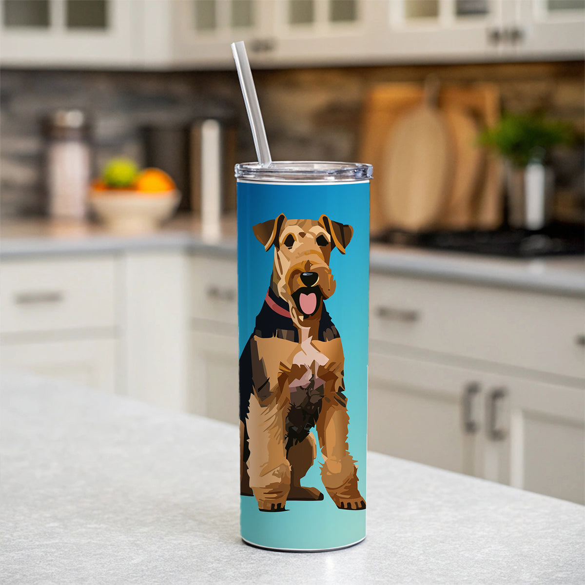 Airedale Terrier Dog Sitting Skinny Tumbler 20oz with Straw Insulated Water Bottle Gift