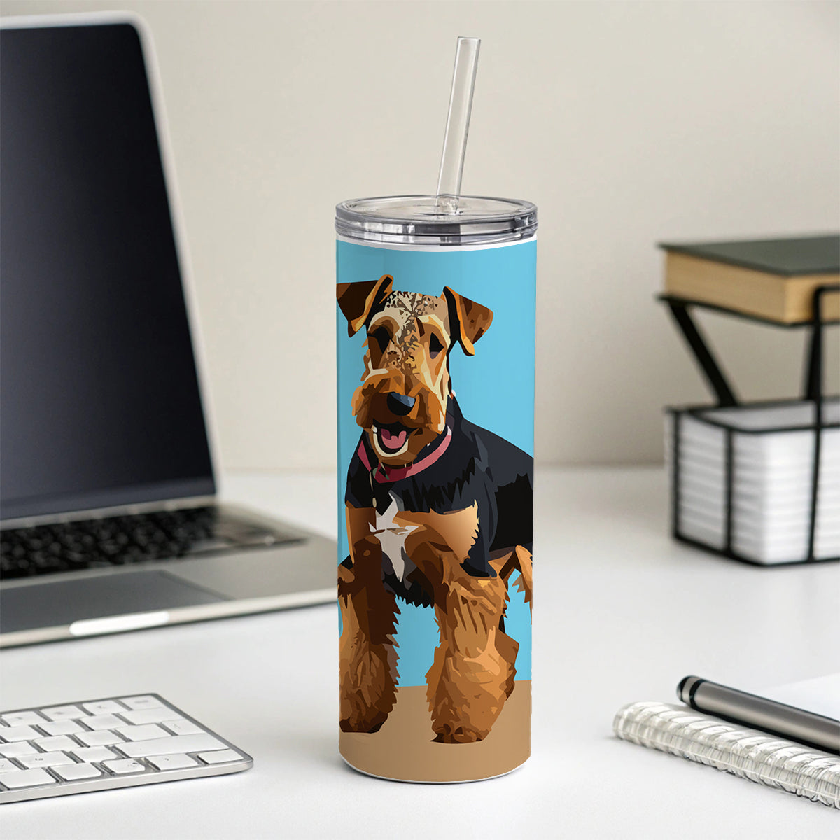Airedale Terrier Dog Standing Skinny Tumbler 20oz with Straw Insulated Water Bottle Gift