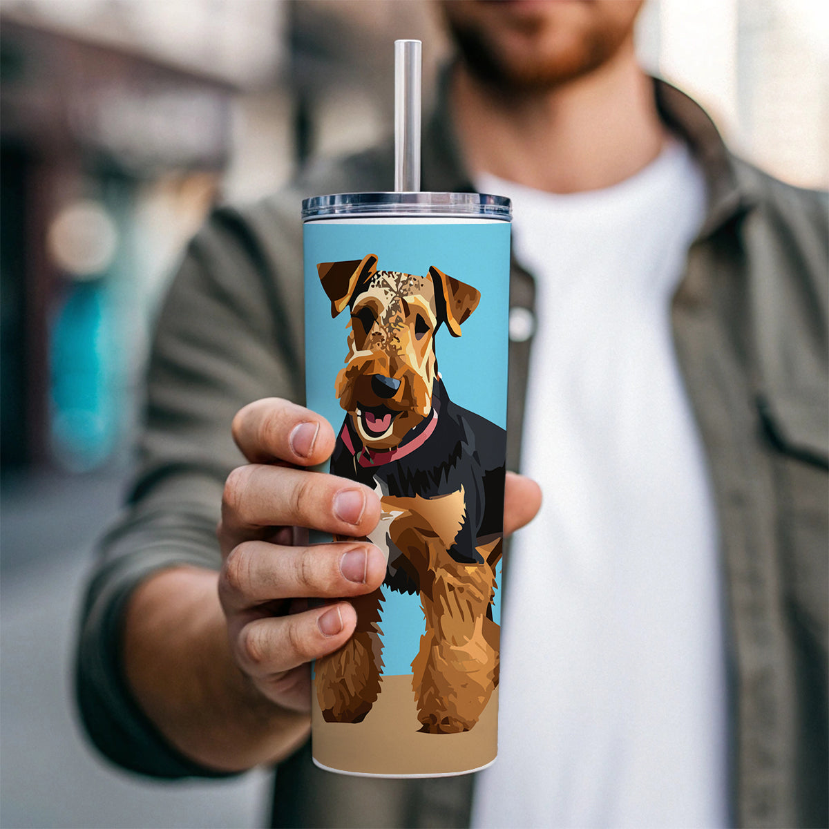 Airedale Terrier Dog Standing Skinny Tumbler 20oz with Straw Insulated Water Bottle Gift