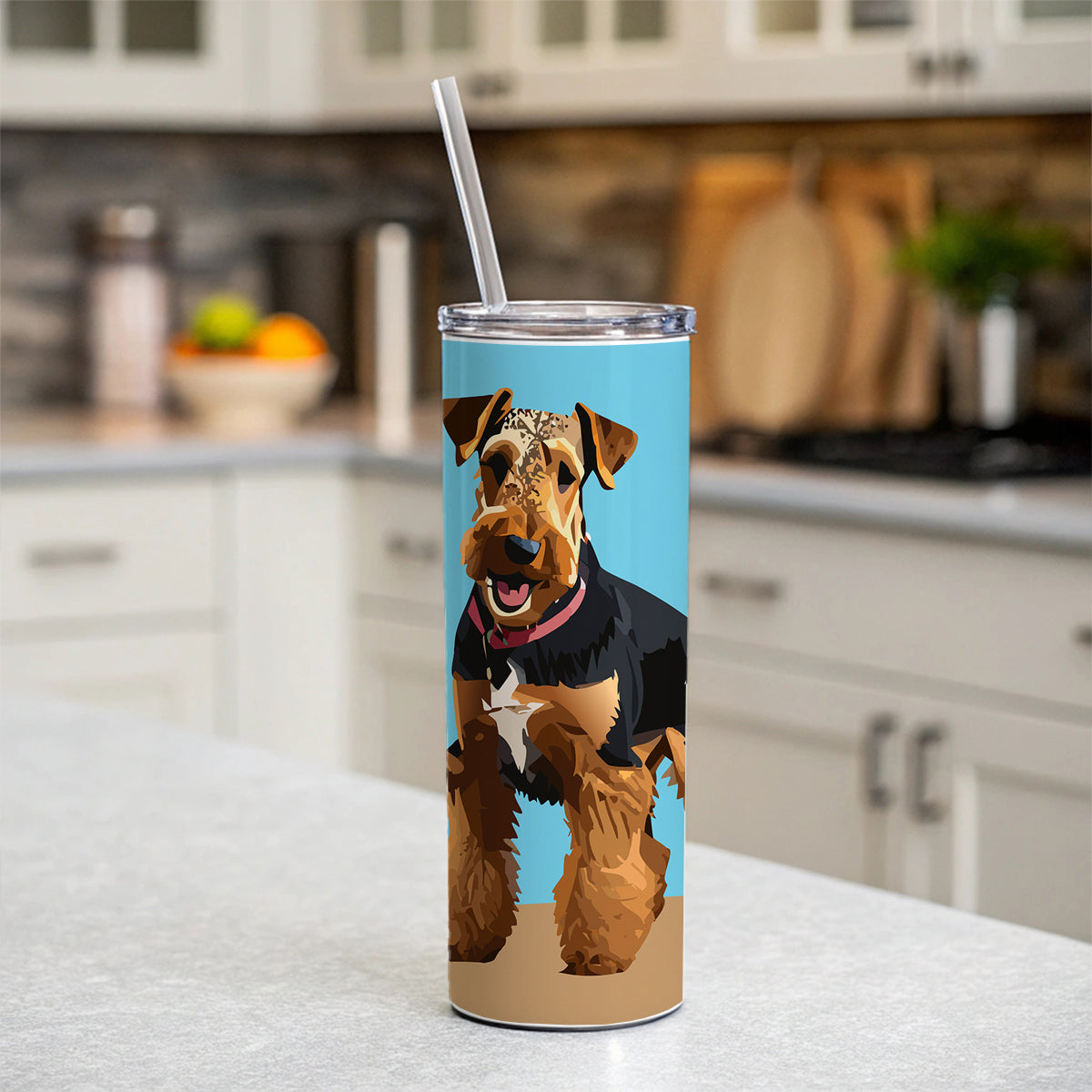 Airedale Terrier Dog Standing Skinny Tumbler 20oz with Straw Insulated Water Bottle Gift