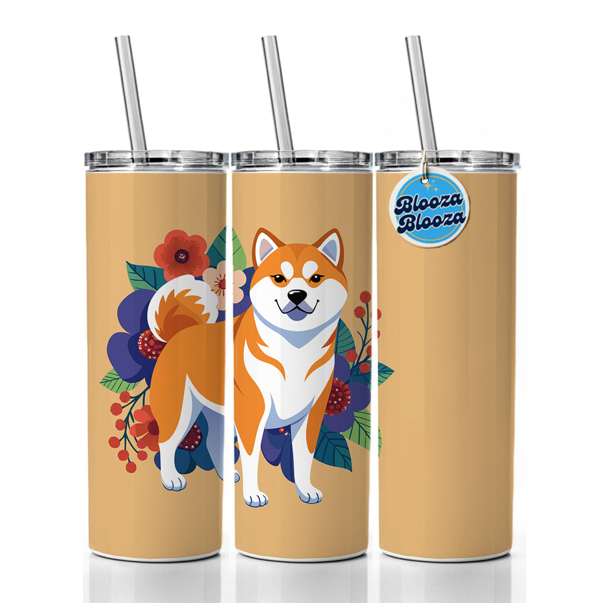 Akita Dog Floral Flowers Skinny Tumbler 20oz with Straw Insulated Water Bottle Gift