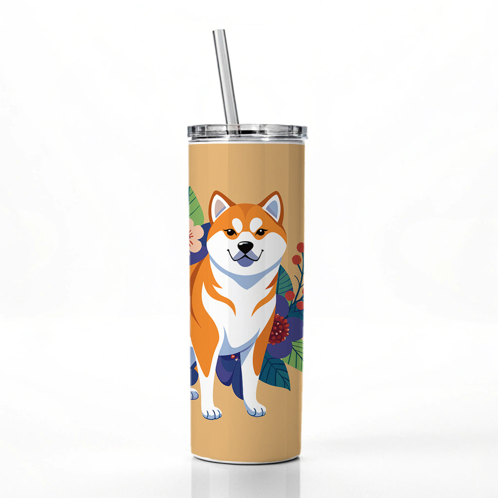 Akita Dog Floral Flowers Skinny Tumbler 20oz with Straw Insulated Water Bottle Gift