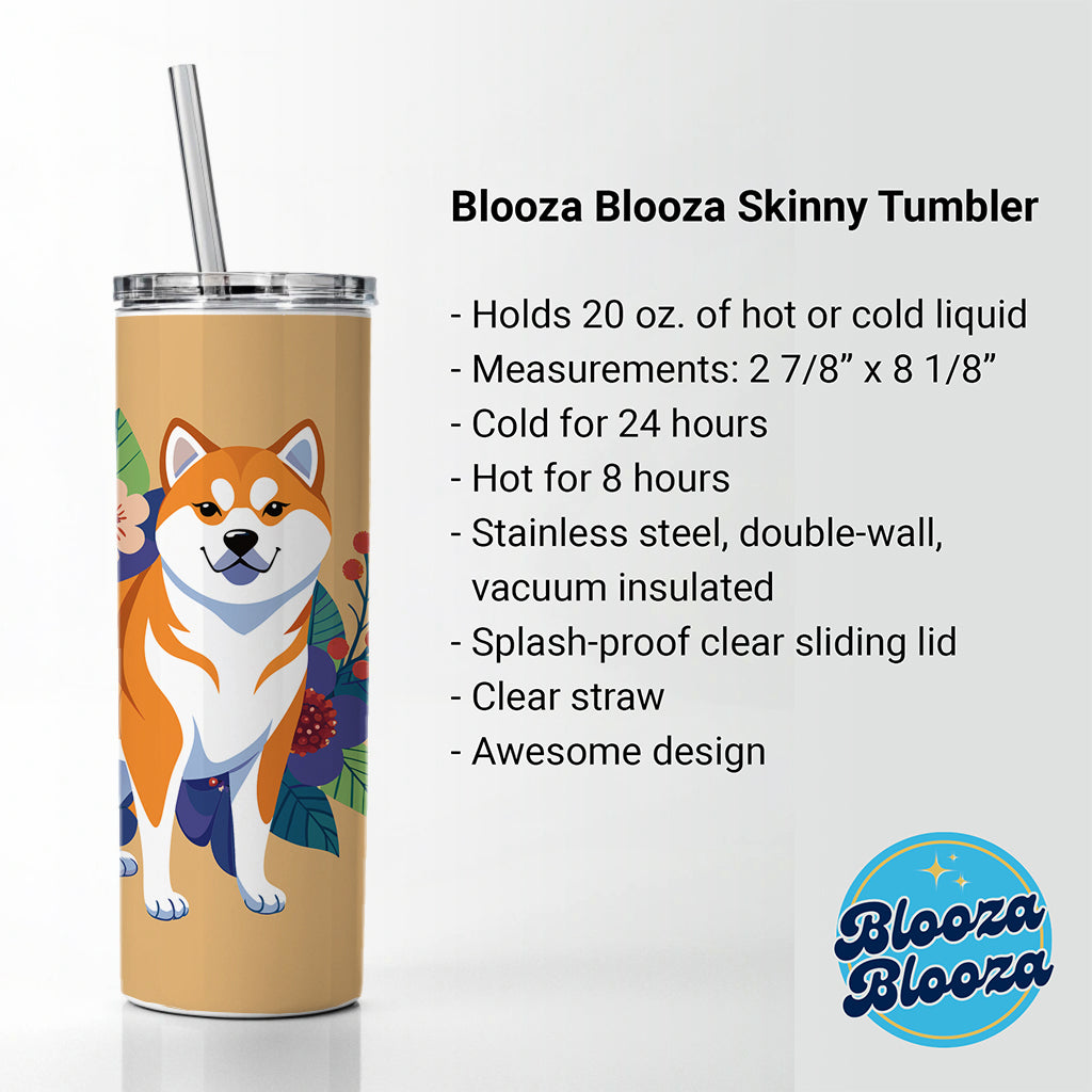 Akita Dog Floral Flowers Skinny Tumbler 20oz with Straw Insulated Water Bottle Gift