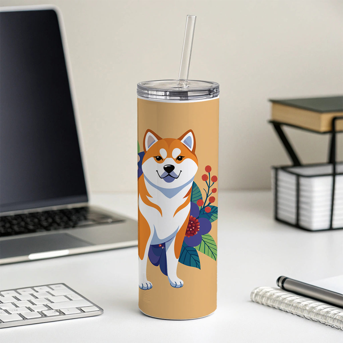 Akita Dog Floral Flowers Skinny Tumbler 20oz with Straw Insulated Water Bottle Gift
