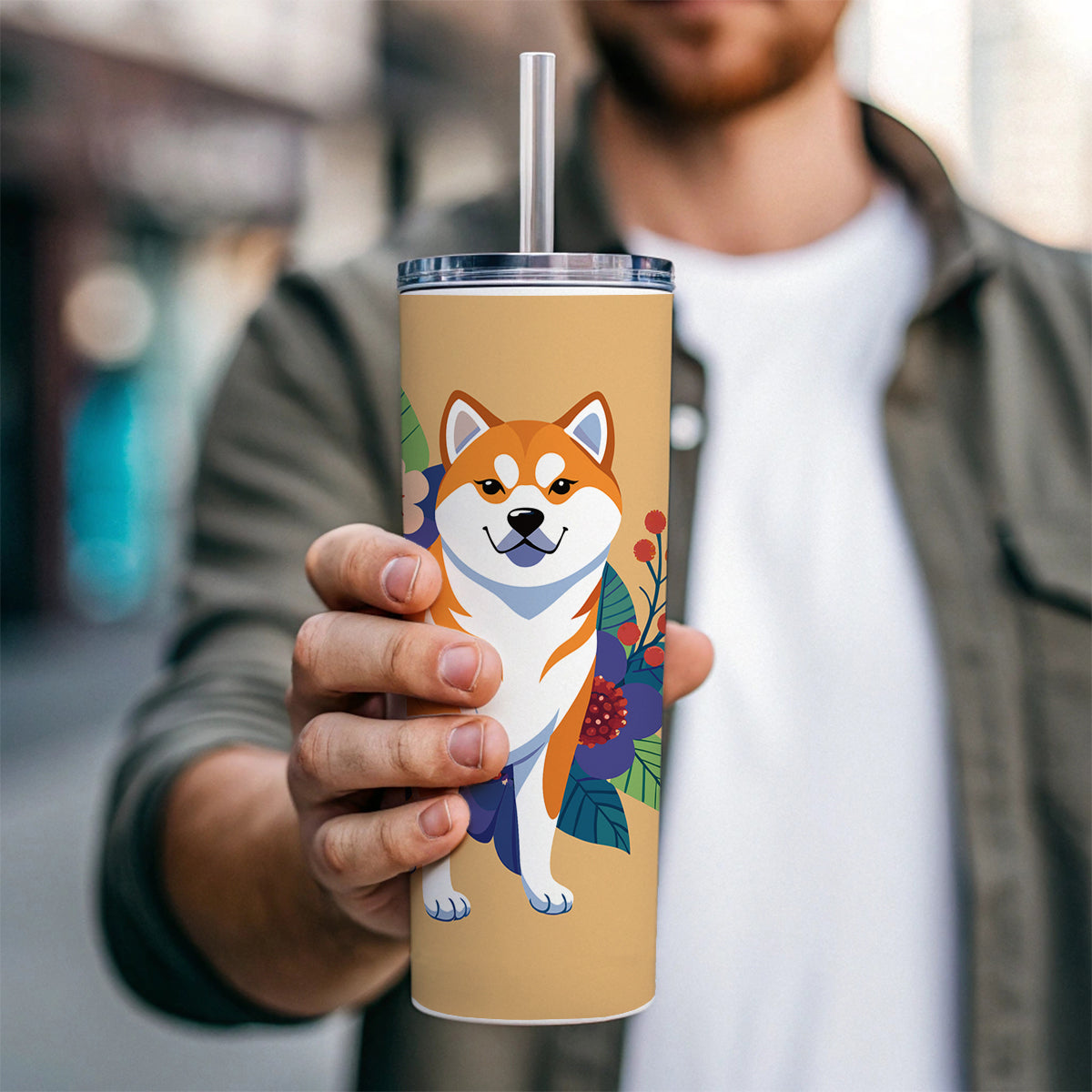 Akita Dog Floral Flowers Skinny Tumbler 20oz with Straw Insulated Water Bottle Gift