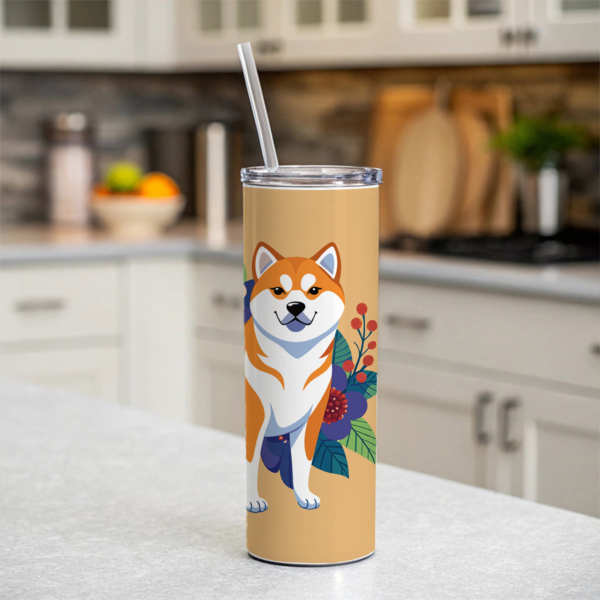 Akita Dog Floral Flowers Skinny Tumbler 20oz with Straw Insulated Water Bottle Gift