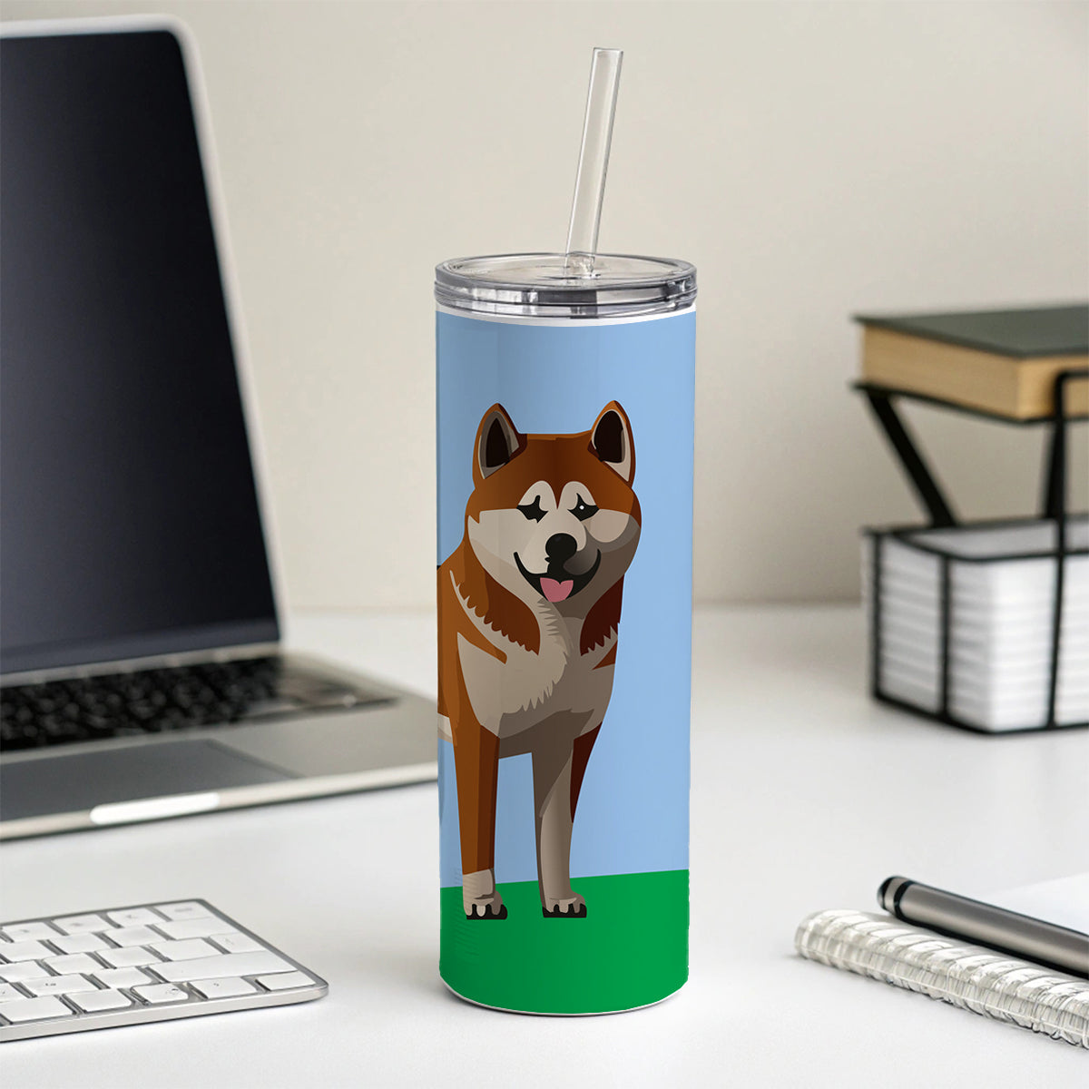 Akita Dog Standing Skinny Tumbler 20oz with Straw Insulated Water Bottle Gift