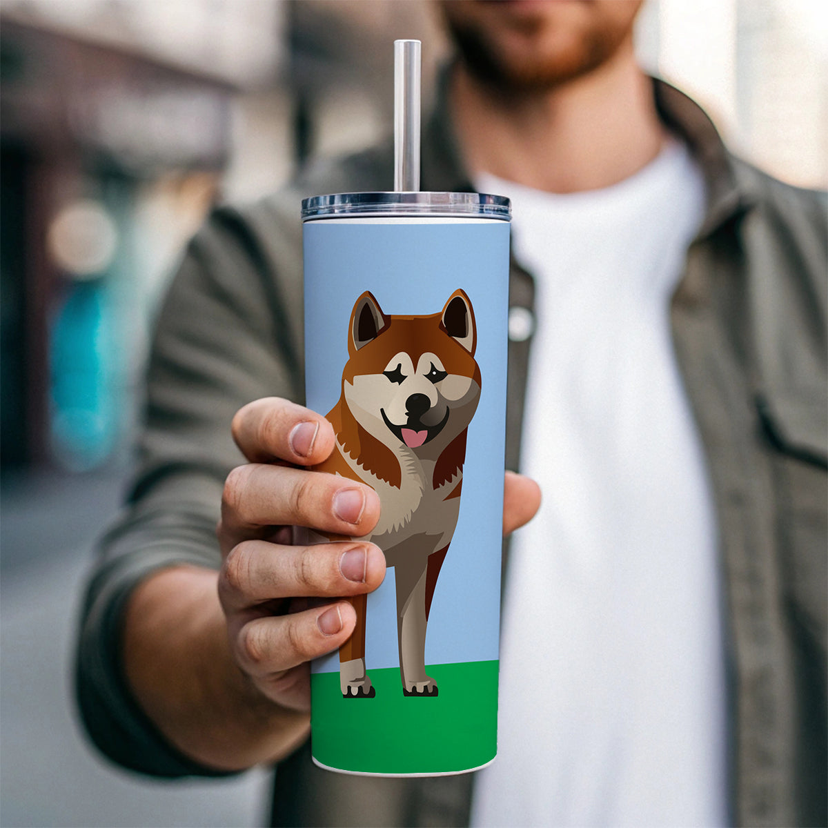 Akita Dog Standing Skinny Tumbler 20oz with Straw Insulated Water Bottle Gift