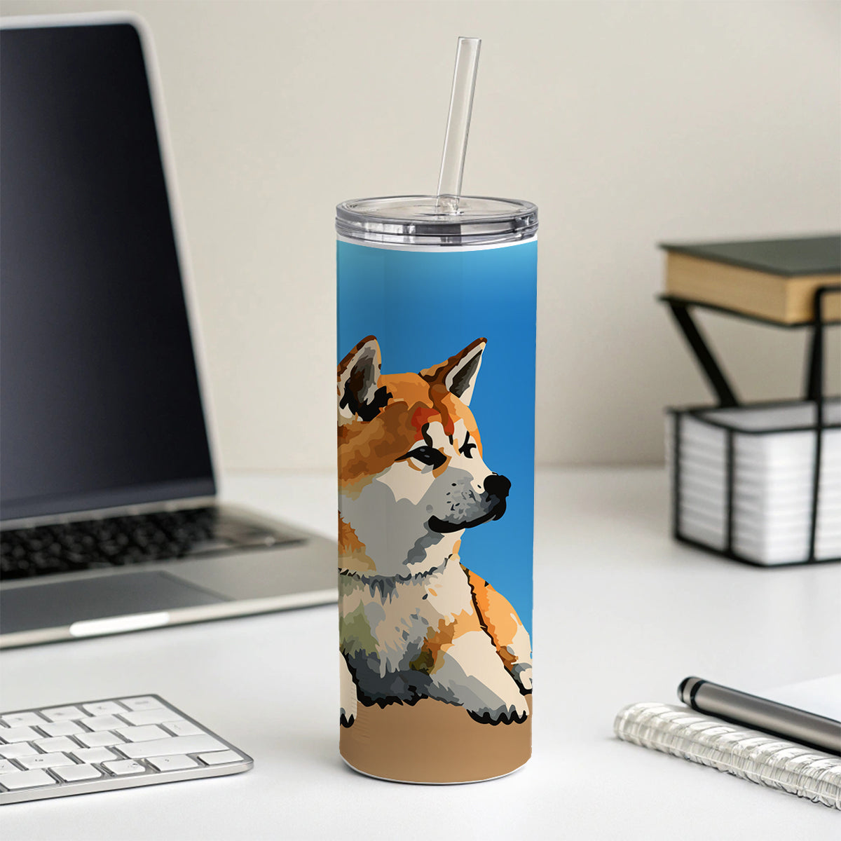 Akita Dog Watercolor Skinny Tumbler 20oz with Straw Insulated Water Bottle Gift