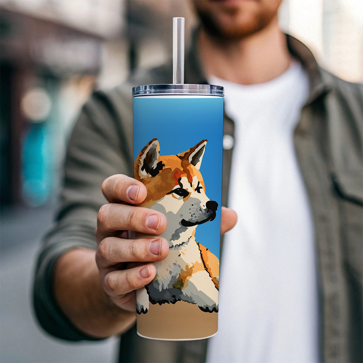 Akita Dog Watercolor Skinny Tumbler 20oz with Straw Insulated Water Bottle Gift