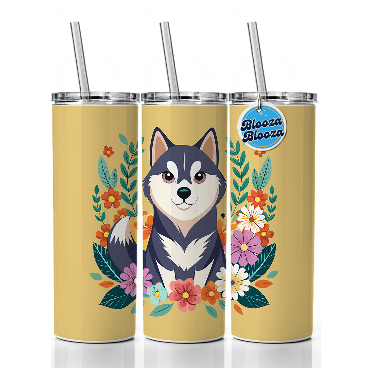 Alaskan Klee Kai Dog Floral Flowers Skinny Tumbler 20oz with Straw Insulated Water Bottle Gift