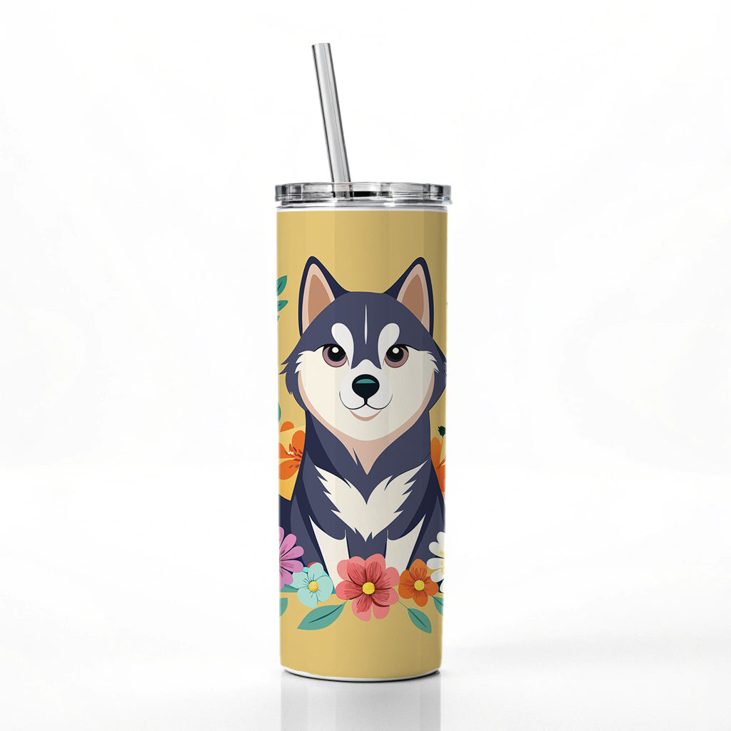Alaskan Klee Kai Dog Floral Flowers Skinny Tumbler 20oz with Straw Insulated Water Bottle Gift