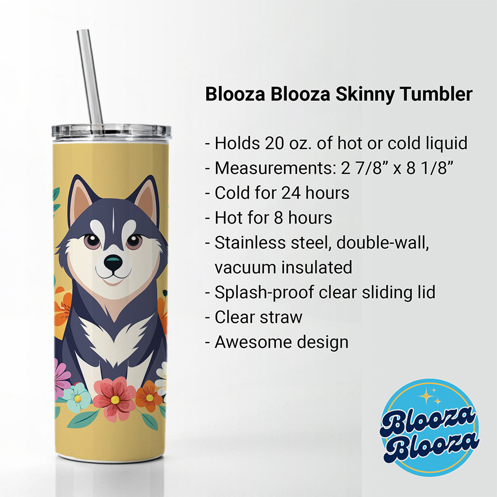 Alaskan Klee Kai Dog Floral Flowers Skinny Tumbler 20oz with Straw Insulated Water Bottle Gift