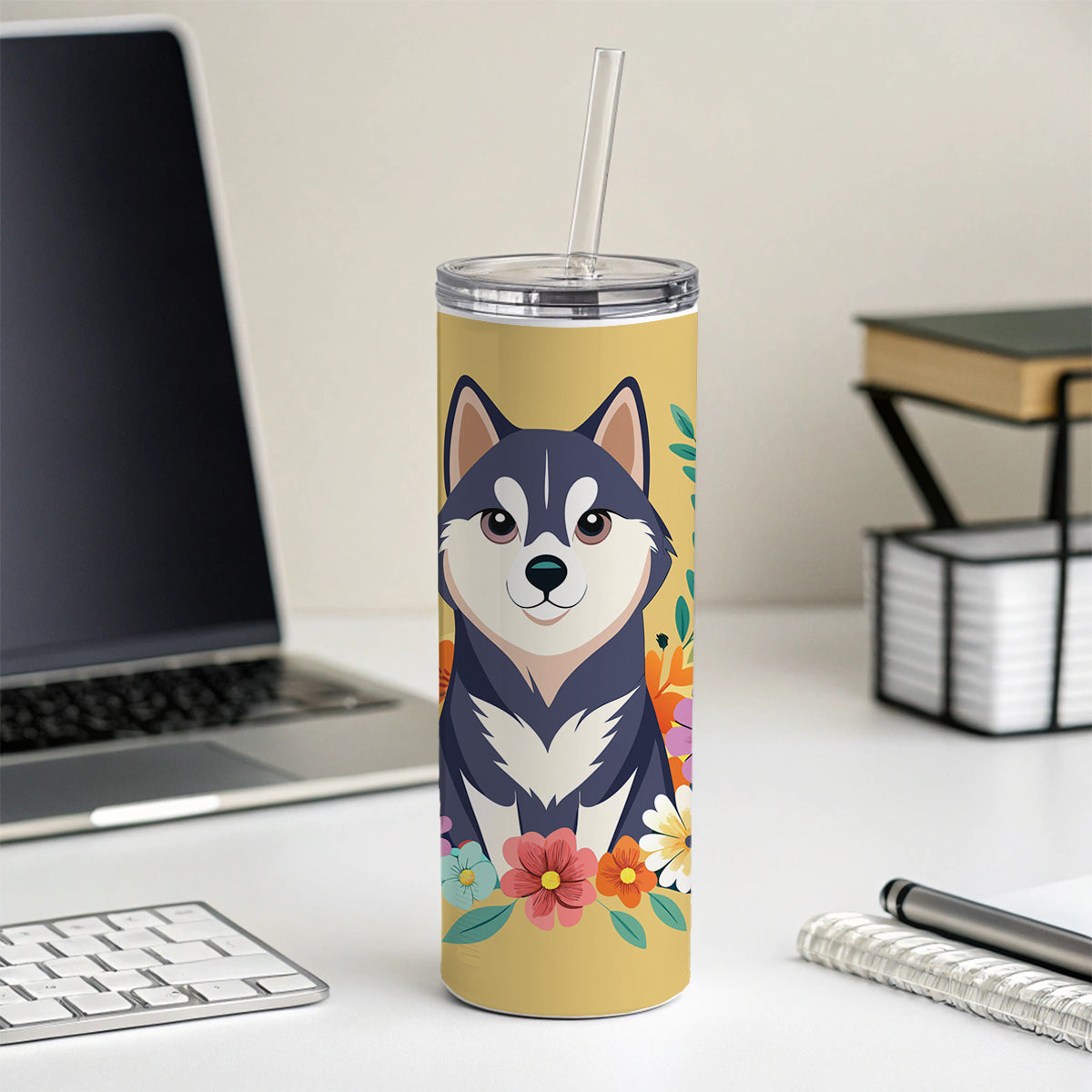 Alaskan Klee Kai Dog Floral Flowers Skinny Tumbler 20oz with Straw Insulated Water Bottle Gift