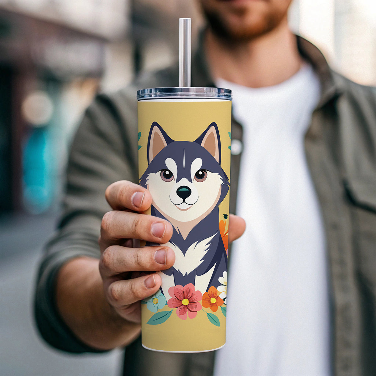 Alaskan Klee Kai Dog Floral Flowers Skinny Tumbler 20oz with Straw Insulated Water Bottle Gift